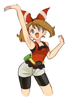 1girl armpits bandana belt bike_shorts bike_shorts_under_shorts blue_eyes bow_hairband breasts brown_hair fanny_pack gloves hairband highres looking_at_viewer may_(pokemon) nintendo open_mouth pokemon pokemon_oras red_bandana red_hairband red_shirt shirt short_hair shorts shorts_under_shorts sleeveless smile solo tikuwabu_33