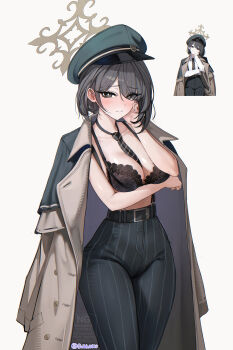 1girl absurdres arm_under_breasts belt belt_buckle between_breasts black_belt black_bra black_eyes black_hair black_necktie blue_archive blush bra breasts bright_pupils brown_coat bubble99 buckle cleavage closed_mouth coat coat_on_shoulders collarbone commentary_request cowboy_shot diagonal-striped_clothes diagonal-striped_necktie hat high-waist_pants highres hiromi_(blue_archive) looking_at_viewer medium_breasts necktie necktie_between_breasts pants peaked_cap reference_inset short_hair simple_background solo striped_clothes striped_necktie striped_pants underwear vertical-striped_clothes vertical-striped_pants white_background white_pupils