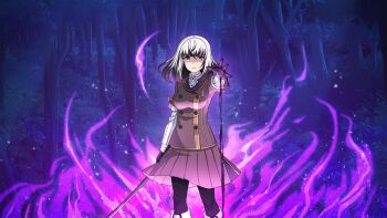1girl aura black_gloves black_hair black_pantyhose blunt_bangs boots breasts brown_jacket brown_skirt buttons closed_mouth collared_shirt colored_tips double-breasted forest game_cg gloves holding holding_sword holding_weapon jacket katana liquid long_sleeves looking_at_viewer medium_breasts medium_hair multicolored_hair nature non-web_source origami_family's_elite_guard_uniform pantyhose pleated_skirt satsuki_yomi shaded_face shirt skirt solo standing striped_clothes striped_shirt sword toji_no_miko toji_no_miko:_kizamishi_issen_no_tomoshibi tree weapon white_hair white_shirt