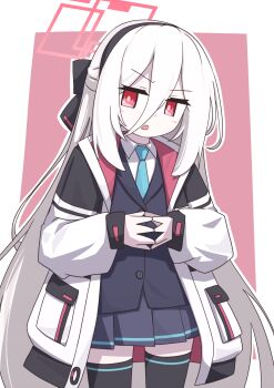 Rule 34 | 1girl, absurdres, black bow, black hairband, black jacket, black skirt, black thighhighs, black vest, blue archive, blue necktie, blush, border, bow, bright pupils, buttons, collared shirt, commentary request, cowboy shot, double-parted bangs, hair between eyes, hair bow, hairband, half updo, halo, highres, jacket, kei (blue archive), long bangs, long hair, long hair between eyes, long sleeves, looking to the side, miniskirt, multicolored jacket, necktie, open clothes, open jacket, open mouth, outline, outside border, own hands together, pink background, pink jacket, pleated skirt, pocket, puffy long sleeves, puffy sleeves, raised eyebrow, rectangular halo, red eyes, red halo, shirt, sidelocks, simple background, skirt, solo, steepled fingers, thighhighs, tokuchi919, two-sided fabric, two-sided jacket, v-shaped eyebrows, very long hair, vest, white border, white hair, white jacket, white outline, white shirt
