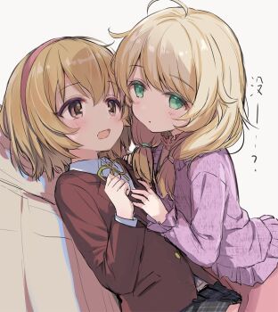 2girls :&lt; ahoge black_skirt blazer blonde_hair blush brown_eyes brown_hair brown_jacket collared_shirt commentary dress from_side green_eyes hair_tie hairband hand_on_another&#039;s_chest hand_on_another&#039;s_shoulder idolmaster idolmaster_cinderella_girls jacket koga_koharu looking_at_another looking_at_viewer low_twintails medium_hair multiple_girls neck_ribbon nimura_yuuji open_mouth pink_dress plaid_clothes plaid_skirt purple_shirt red_hairband ribbon school_uniform shirt short_hair skirt symbol-only_commentary twintails wavy_mouth white_shirt yellow_ribbon yusa_kozue