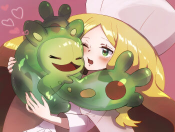 1girl absurdres blush caitlin_(pokemon) cheek_press commentary_request dress eyelashes gen_5_pokemon green_eyes hands_up hat heart highres holding holding_pokemon nintendo open_mouth parted_bangs pokemon pokemon_(creature) pokemon_bw reuniclus rin_(pen-s722) sidelocks