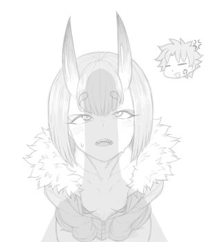 0_danvil_0 1girl absurdres anger_vein blush breasts fate/grand_order fate_(series) from_above fujimaru_ritsuka_(male) fur-trimmed_jacket fur_trim greyscale highres horns jacket long_sleeves monochrome naked_jacket open_mouth penis_shadow short_hair shuten_douji_(fate) small_breasts