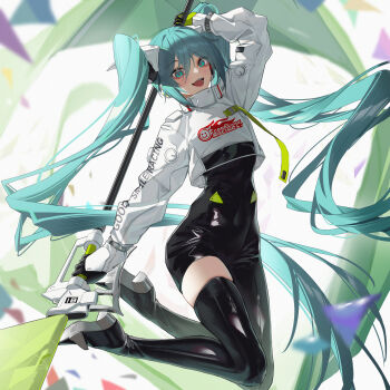 1girl :d absurdres akinatsu_meguru aqua_eyes aqua_hair arm_above_head asymmetrical_bodysuit black_bodysuit black_gloves bodysuit boots covered_navel cropped_jacket flag gloves goodsmile_company goodsmile_racing hair_between_eyes hatsune_miku highres holding holding_flag jacket jumping long_hair long_sleeves looking_at_viewer open_mouth racing_miku racing_miku_(2022) single_thigh_boot smile solo thigh_boots thighhighs twintails very_long_hair vocaloid white_jacket