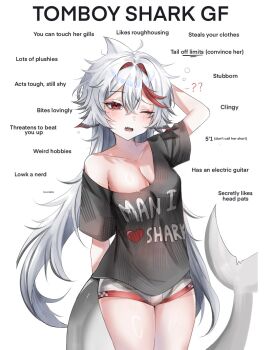1girl ? ?? animal_ears arm_behind_back arm_behind_head black_shirt breasts cleavage clothes_writing collarbone commentary cowboy_shot crossed_bangs double-parted_bangs english_commentary english_text fins fish_tail grey_shorts hair_between_eyes highres i_heart... indie_virtual_youtuber long_hair looking_at_viewer man_i_love_fishing_(meme) medium_breasts meme micro_shorts multicolored_hair one_eye_closed open_mouth pointing_out_the_details red_eyes red_streaks shark_girl shark_tail sharkyyuna sharkyyuna_(vtuber) shirt short_sleeves shorts simple_background single_bare_shoulder solo squeans streaked_hair tail thighs virtual_youtuber white_background white_hair