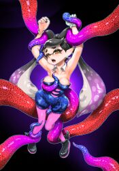 Rule 34 | 1girl, ankle boots, armpits, arms up, black footwear, black hair, blue jumpsuit, boots, bow-shaped hair, breasts, callie (splatoon), cleavage, collarbone, covered navel, cross-shaped pupils, detached collar, earrings, fangs, gloves, gradient hair, highres, inkling, jewelry, jumpsuit, koharu2.5, long hair, medium breasts, mole, mole under eye, multicolored hair, nintendo, open mouth, pantyhose, pink hair, pink pantyhose, pointy ears, red pupils, restrained, short eyebrows, short jumpsuit, single glove, splatoon (series), splatoon 1, suction cups, symbol-shaped pupils, teeth, tentacle hair, tentacles, two-tone hair, very long hair, white gloves, yellow eyes