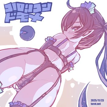 1girl ahoge ass backbeako_(torotei) backbeard black_bra black_gloves black_hair black_panties black_thighhighs blush bra commentary dated dated_commentary dutch_angle elbow_gloves frilled_gloves frilled_thighhighs frills from_behind garter_straps gegege_no_kitarou gloves hair_over_one_eye kono_lolicon_domome loli long_hair looking_at_viewer looking_back maid_headdress original paid_reward_available panties pointy_ears red_eyes side_ponytail simple_background solo thighhighs torotei translated underwear very_long_hair watermark web_address