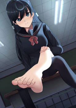 1girl absurdres barefoot black_hair black_serafuku blue_eyes classroom crossed_legs feet foot_focus hand_on_own_knee highres long_hair looking_at_viewer original presenting_foot school_uniform serafuku smile socks soles tft_(tft7822) toes unworn_socks