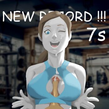 1boy 1girl :d aqua_eyes between_breasts blue_eyes breasts cleavage cleavage_cutout clothing_cutout collarbone colored_skin cum cum_on_body cum_on_upper_body ejaculation facial fakingdack grey_hair gym hetero highres long_hair looking_down medium_breasts nintendo open_mouth paizuri pale_skin penis ponytail premature_ejaculation smile solo_focus white_skin wii_fit wii_fit_trainer wii_fit_trainer_(female)