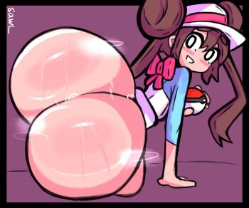 Rule 34 | 1girl, ass, black border, black eyes, blue shirt, blush stickers, border, bow, bright pupils, brown hair, donut, food, hand on floor, holding, holding poke ball, huge ass, long hair, looking at viewer, lying, nintendo, poke ball, poke ball (basic), pokemon, pokemon bw2, purple background, red bow, rosa (pokemon), sawl, shirt, signature, smile, solo, steam, teeth, thick eyebrows, twintails, visor cap, white pupils