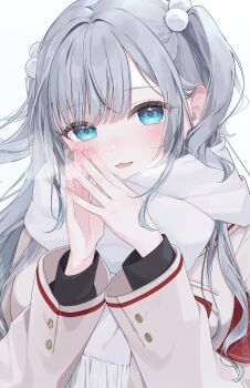 1girl armband blue_eyes brown_jacket commentary_request hair_ornament highres jacket kaga_sumire kaga_sumire_(9th_costume) long_hair long_sleeves looking_at_viewer miteinano_(mitei_nano28) mole mole_under_eye open_mouth pom_pom_(clothes) pom_pom_hair_ornament red_armband scarf school_uniform simple_background smile solo steepled_fingers two_side_up upper_body virtual_youtuber vspo! white_background white_scarf