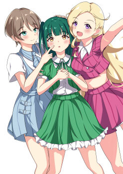 3girls absurdres bare_legs blonde_hair blue_dress blue_eyes blush brown_eyes brown_hair collar commentary_request dress green_hair green_skirt harumiya_yukuri highres ikizulive!_love_live!_bluebird konohana_aurora long_hair looking_at_another looking_at_viewer love_live! medium_hair midriff multiple_girls open_mouth pink_shirt pink_skirt purple_eyes shirt short_hair skirt smile striped_clothes striped_dress striped_shirt striped_skirt teteno_tsuki twintails vertical-striped_clothes vertical-striped_dress vertical-striped_shirt vertical-striped_skirt what_is_my_life?_(love_live!) white_background white_shirt yamada_midori