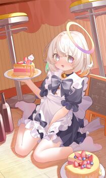 Rule 34 | 1girl, bell, bottle, cake, cake slice, commentary request, food, halo, highres, holding, holding plate, looking at viewer, maid, neck bell, ningmeng jing jing jing jing, on floor, open mouth, original, plate, short hair, sitting, socks, wariza, white hair, white socks