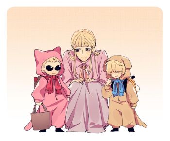 1girl 2boys aged_down backpack bag blonde_hair blunt_bangs blush brothers commentary_request donquixote&#039;s_mother_(one_piece) donquixote_doflamingo donquixote_rocinante hair_over_eyes holding holding_bag korean_commentary mango_wa mother_and_son multiple_boys one_piece short_hair siblings sidelocks smile squatting sunglasses