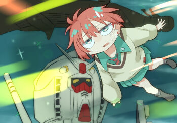 1girl amate_yuzuriha annoyed aqua_eyes aqua_shirt aqua_skirt black_shoes collared_shirt commentary_request crescent crescent_earrings diagonal-striped_clothes diagonal-striped_necktie dress_shirt earrings green_shirt green_skirt grief_loss gundam gundam_gquuuuuux hair_between_eyes highres jewelry long_sleeves loose_necktie mecha mobile_suit mobile_suit_gundam necktie open_mouth pleated_skirt puffy_long_sleeves puffy_sleeves quality red_hair robot rx-78-2_gundam school_uniform shirt shoes short_hair skirt striped_clothes sweat sweater two-tone_necktie v-fin white_sweater yellow_eyes zeknova zero_gravity