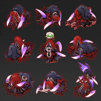 2boys ambling_pearl black_eyes black_hair black_pants blue_hairband boots clam dimension_shredder_(e.g.o) e.g.o_(project_moon) energy_blade eyeball flaw_eight hairband high_ponytail highres hong_lu_(project_moon) kiss limbus_company long_hair multiple_boys pants ponytail portal_(object) project_moon saliva sharp_teeth slime_(substance) teeth wayward_passenger what yaoi yi_sang_(project_moon)