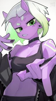 1girl black_choker black_jacket black_nails black_tank_top borrowed_character breasts choker colored_skin crop_top earrings foreshortening freckles gradient_hair green_eyes green_hair hata4564 highres hikimayu horns jacket jewelry looking_at_viewer midriff multicolored_hair nail_polish off_shoulder open_clothes open_jacket original parted_lips pointy_ears purple_skin short_hair simple_background single_off_shoulder skin-covered_horns small_breasts solo tank_top upper_body white_background white_hair
