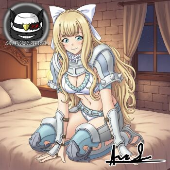 Rule 34 | 1girl, akudama shirou, armor, bedroom, bikini armor, blonde hair, blue eyes, bow, breasts, charlotte (fire emblem), cleavage, fire emblem, fire emblem fates, hair bow, highres, large breasts, long hair, looking at viewer, night, nintendo, on bed, pauldrons, pillow, shoulder armor, smile, solo, wavy hair, white bow, window