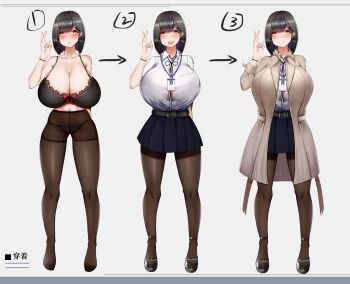 1girl arm_behind_back arm_up bare_arms bare_shoulders belt black_belt black_bra black_footwear black_hair black_skirt blue_hair bow bow_bra bra bra_visible_through_clothes breasts brown_coat brown_pantyhose button_gap character_profile chomikuplus cleavage clothes_on_and_off coat collarbone colored_inner_hair commentary_request dawn-chan_(chomikuplus) hair_ornament hairclip huge_breasts id_card lace lace-trimmed_bra lace_trim long_sleeves midriff miniskirt mole mole_on_breast mole_under_eye multicolored_hair multiple_views no_shoes office_lady original panties panties_under_pantyhose pantyhose pleated_skirt red_bow reference_sheet shirt shirt_tucked_in shoes skirt smile taut_clothes taut_shirt translation_request two-tone_hair underwear white_shirt wristband yellow_eyes