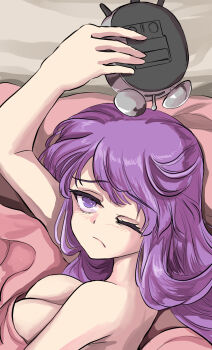 1girl alarm_clock bare_shoulders bed blush breasts clock frown highres long_hair messy_hair namiki_(remiter00) nude nudist one_eye_closed patchouli_knowledge purple_eyes purple_hair sleeping sleepy solo touhou under_covers waking_up