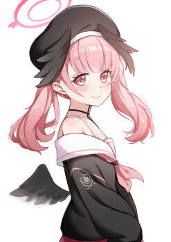 1girl absurdres bare_shoulders beret black_choker black_hat black_shirt black_wings blue_archive blush chinese_commentary choker closed_mouth collarbone commentary_request daoyan eyelashes feathered_wings flat_chest from_side hair_between_eyes halo hat head_wings highres koharu_(blue_archive) lips long_hair long_sleeves looking_at_viewer low_wings neckerchief partial_commentary pink_eyes pink_hair pink_neckerchief red_halo sailor_collar school_uniform serafuku shirt simple_background smile solo trinity_general_school_logo twintails upper_body white_background white_sailor_collar wings