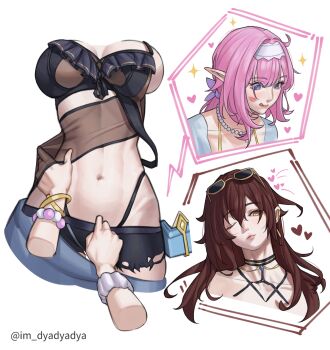 2girls bikini black_bikini blue_eyes bracelet breasts brown_hair collarbone cropped_torso dated_commentary dyadyadya eden_(flowing_rhyme)_(honkai_impact) eden_(honkai_impact) elf elysia_(honkai_impact) elysia_(miss_pink_elf)_(honkai_impact) elysia_(summer_miss_elf)_(honkai_impact) eyewear_on_head hairband hand_on_another&#039;s_stomach heart highres honkai_(series) honkai_impact_3rd jewelry large_breasts licking_lips lipstick_mark_on_cheek long_hair multiple_girls navel necklace official_alternate_costume one_eye_closed pearl_necklace pink_hair pointy_ears scrunchie simple_background stomach sunglasses swimsuit tongue tongue_out torso_only twitter_username upper_body very_long_hair white_background white_hairband wrist_scrunchie yellow_eyes yuri