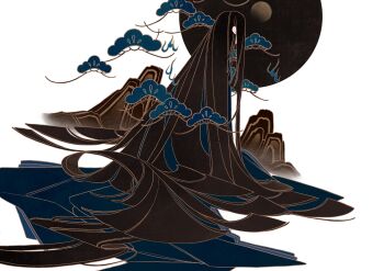 1girl absurdly_long_hair black_hair blue_fire cloud commentary english_commentary fire fog from_side full_moon hair_over_face highres japanese_clothes kimono long_hair moon mountain negative original sidelocks simple_background solo surie very_long_hair white_background