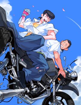Rule 34 | 2boys, arm up, black hair, blue pants, clenched hand, closed eyes, cloud, collared shirt, commentary, crew neck, denim, diamond wa kudakenai, english commentary, grin, helvetica1999, higashikata josuke, highres, jeans, jojo no kimyou na bouken, looking at another, looking back, looking to the side, male focus, motor vehicle, motorcycle, multiple boys, nijimura okuyasu, on motorcycle, open clothes, open shirt, pants, petals, ponytail, round teeth, shirt, shirt tucked in, shoes, short hair, sky, smile, teeth, upper teeth only, white shirt, wing collar, yellow shirt