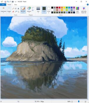 art_program_in_frame christian_young cloud cloudy_sky commentary day forest island lake landscape microsoft_paint_(medium) microsoft_paint_(software) nature no_humans original outdoors painterly reflection reflective_liquid rock scenery screencap shore sky surf tree