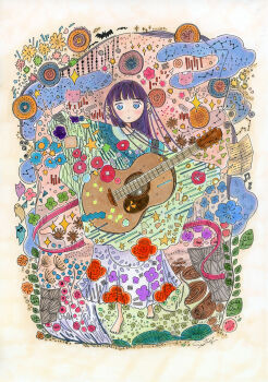 1girl :o absurdly_detailed_composition barefoot blue_eyes blue_shirt commentary constellation dated_commentary dot_nose english_commentary flower full_body guitar highres instrument long_hair long_sleeves looking_at_viewer marker_(medium) original parted_lips print_skirt purple_hair purple_skirt santabunny shirt skirt solo standing straight_hair traditional_media