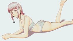 Rule 34 | ass, bra, breasts, chainsaw man, earrings, fami (chainsaw man), feet out of frame, grey bra, grey panties, highres, illust aqua, jewelry, leg up, looking at viewer, lying, medium hair, mole, mole under eye, mole under mouth, on stomach, panties, pink eyes, pink hair, tassel, tassel earrings, underwear, underwear only, white background