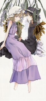 2girls black_dress black_hat bouquet brown_eyes brown_hair dress dress_ribbon flower flower_request hand_on_another&#039;s_leg hat highres holding holding_bouquet long_dress looking_at_viewer maribel_hearn mob_cap multicolored_eyes multiple_girls poteimo_(poteimo622) purple_dress purple_eyes purple_ribbon ribbon shirt short_hair sleeve_cuffs sleeveless sunflower touhou two-tone_eyes unworn_shirt usami_renko white_hat white_shirt yellow_eyes