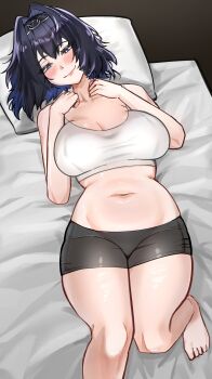 Rule 34 | absurdres, bike shorts, blue eyes, blue hair, blush, breasts, hair intakes, highres, hololive, hololive english, large breasts, looking at viewer, lying, midriff, navel, on back, on bed, ouro kronii, pingun, short hair, smile, sports bra, stomach, virtual youtuber