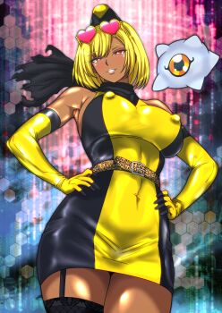 animal_print bare_shoulders blonde_hair breasts checkered_pantyhose corruption dark-skinned_female dark_persona dark_skin digimon digimon_(creature) digimon_story:_time_stranger dress ganguro gloves gyaru hat highres hudo_shin kuramon large_breasts leopard_print short_hair simple_background sleeveless sunglasses tan two-tone_dress yuuki_kanan