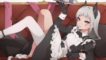 1girl absurdres arknights black_gloves gloves grey_hair highres if_f irene_(arknights) long_hair long_sleeves looking_at_viewer lying maid on_back scar scar_across_eye scar_on_face sidelocks single_thighhigh solo thighhighs white_hair