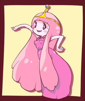 1girl adventure_time blush breasts cartoon_network colored_skin covered_erect_nipples dress k-nattoh long_hair looking_at_viewer open_mouth pink_dress pink_eyes pink_hair pink_skin pink_theme princess princess_bonnibel_bubblegum puffy_sleeves short_sleeves small_breasts smile standing tiara yellow_background