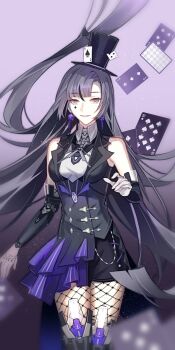 1girl asymmetrical_bangs bare_shoulders black_hat black_shorts black_tailcoat breasts card coat cowboy_shot dice dice_earrings earrings facial_mark fishnet_pantyhose fishnets floating_hair gradient_background grey_hair hat highres jewelry jihe_bingxiang light_particles lilith:_daemonissa_(pgr) lilith_(pgr) long_hair looking_at_viewer mechanical_arms medium_breasts pantyhose poker punishing:_gray_raven purple_background purple_eyes shorts sleeveless sleeveless_coat solo spade_(shape) spade_facial_mark straight-on tailcoat top_hat very_long_hair