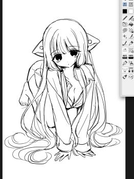 1girl absurdly_long_hair akiyama_enma arm_support art_program_in_frame bare_legs barefoot blunt_bangs breasts chii chobits cleavage closed_mouth collarbone collared_shirt dot_mouth dot_nose expressionless full_body hands_on_ground highres humanoid_robot kneeling long_hair long_sleeves looking_at_viewer monochrome oversized_clothes oversized_shirt persocom photoshop_(medium) robot robot_ears shirt sidelocks simple_background sketch sleeves_past_wrists solo straight_hair tareme unfinished very_long_hair white_background