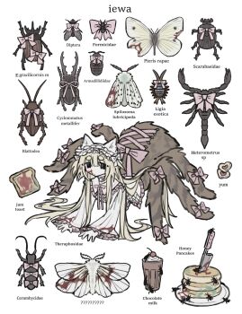 1girl arachne arthropod_girl beetle blonde_hair bow bread bread_slice bug butterfly commentary cookie corset_piercing english_commentary fly food frilled_hairband frills hairband highres iewa insect insect_girl knife lolita_fashion long_hair looking_at_viewer milkshake mold moldy_food monster_girl moth neck_ribbon one_side_up original pancake pink_bow pink_ribbon ribbon scorpion simple_background solo spider_girl taur thumbprint_cookie toast white_background