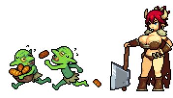 1girl 2boys armor axe badcolor bikini bikini_armor bread breasts colored_skin cow_girl cow_horns food goblin goblin_nest green_skin hathor_(goblin_nest) holding holding_axe holding_weapon horns large_breasts multiple_boys nervous nervous_sweating official_art pixel_art promotional_art running scared sweat swimsuit theft transparent_background weapon