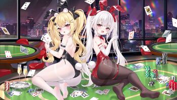2girls :3 absurdres ace_(playing_card) ace_of_diamonds ace_of_hearts ace_of_spades ahoge animal_ears arm_garter ass backless_leotard black_bow black_leotard black_pantyhose blonde_hair blush bow bowtie breasts card casino casino_card_table chair champagne_flute chinese_commentary commentary_request cross_hair_ornament cup detached_collar diamond_(shape) dice dot_nose drinking_glass elbow_gloves fake_animal_ears fake_tail feet floating_card furrowed_brow gloves hair_between_eyes hair_bow hair_ornament hairclip heart heart_o-ring highleg highleg_leotard highres holding holding_card indoors jack_(playing_card) king_(playing_card) leotard long_hair looking_at_viewer medium_breasts mikawa_sansen multiple_girls night no_shoes o-ring o-ring_thigh_strap on_table open_mouth original pantyhose paw_pose pink_eyes playboy_bunny playing_card poker_chip poker_table queen_(playing_card) rabbit_ears rabbit_tail red_bow red_bowtie red_leotard side-tie_leotard sitting smile soles spade_(shape) table tail thigh_strap thighband_pantyhose toes tray twintails very_long_hair white_gloves white_hair white_pantyhose white_wrist_cuffs wrist_cuffs yokozuwari