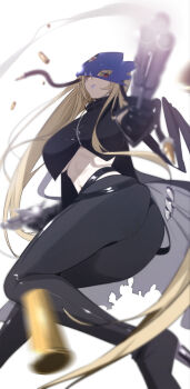1girl ass beelstarmon belt black_belt black_coat black_gloves black_pants black_vest blonde_hair blue_mask breasts closed_mouth coat commentary_request cropped_vest digimon digimon_(creature) eye_mask firing gloves gun hair_between_eyes highres holding holding_weapon large_breasts leather leather_pants long_hair looking_at_viewer mask motion_blur multiple-barrel_gun navel open_clothes open_coat pants red_eyes shell_casing sidelocks simple_background solo standing standing_on_one_leg stomach third_eye tight_clothes tight_pants torn_clothes torn_coat underboob vest weapon white_background yotsumoto_yuu zipper
