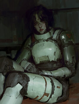 Rule 34 | 1girl, absurdres, android, armor, black hair, blue eyes, breastplate, facial mark, highres, igor sid, kolibri (signalis), looking at viewer, mechanical legs, on floor, parted lips, red lips, robot girl, science fiction, short hair, sierpinski triangle, signalis, sitting, skin seams, solo