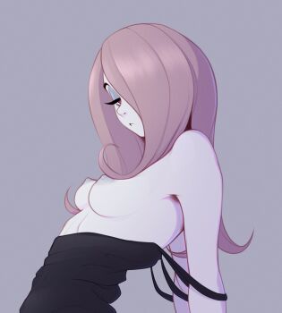 1girl absurdres black_shirt breasts closed_mouth colored_nipples expressionless grey_background grey_nipples hair_over_one_eye highres light_purple_hair little_witch_academia long_hair looking_at_viewer nipples pale_skin perky_breasts pudgeruffian red_eyes shirt simple_background small_breasts solo strap_slip sucy_manbavaran tank_top upper_body