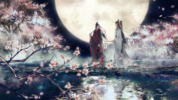 2boys alcohol black_hair black_hanfu branch chenqing_flute cherry_blossoms chinese_clothes couple dizi falling_petals flower flute flute_tassel fog full_moon guqin hair_ribbon hanfu headband highres holding holding_flute holding_instrument holding_jug holding_lantern instrument instrument_case instrument_on_back jug_(bottle) lan_wangji lantern liquor long_hair long_sleeves looking_at_another male_focus modao_zushi moon multiple_boys night outdoors petals pink_flower ponytail red_ribbon red_sash reflection reflective_liquid ribbon ripples robe sash sidelocks sky smile standing starember tassel topknot transverse_flute tree wangji_guqin water watermark wei_wuxian weibo_watermark white_flower white_hanfu white_headband white_sash wide_sleeves xiao_guan_(headdress) yaoi