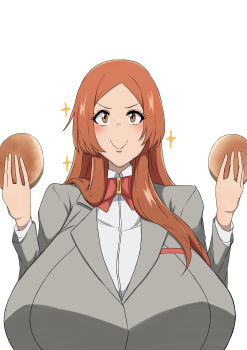 1girl bleach bleach:_sennen_kessen-hen bread breasts brown_eyes closed_mouth female_focus food highres holding_bread inoue_orihime karakura_high_school_uniform large_breasts light_blush long_hair orange_hair parted_bangs school_uniform simple_background smile sparkle sweat_string upper_body white_background