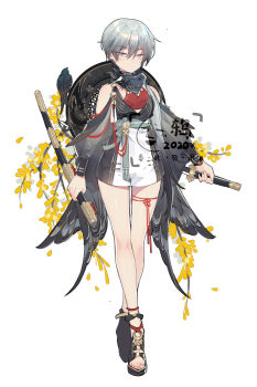 1girl absurdres animal animal_on_shoulder bandana bird bird_on_shoulder black_sandals blue_eyes dated dual_wielding full_body grey_bandana grey_hair grey_neckwear hair_between_eyes hat highres holding ibex looking_at_viewer o-ring original sandals see-through_clothes sheath sheathed short_hair simple_background solo standing tassel thigh_strap unworn_hat unworn_headwear white_background wings