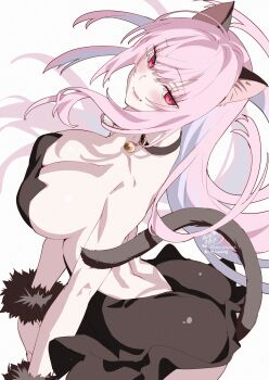 1girl absurdres anal_beads anal_tail animal_ears arched_back ass bell belt belt_collar black_belt black_choker black_collar black_dress black_wrist_cuffs blush breasts butt_crack butt_plug cat_ears cat_girl cat_tail choker cleavage collar collarbone commentary dress fake_tail fur_wrist_cuffs highres hololive hololive_english jingle_bell kamiya_maneki large_breasts long_hair median_furrow mori_calliope neck_bell open_mouth pink_eyes pink_hair sex_toy signature simple_background smile solo symbol-only_commentary tail thighs twitter_username virtual_youtuber white_background wrist_cuffs