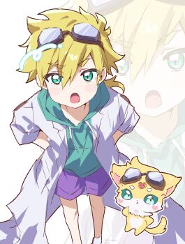 1boy ankle_socks blonde_hair blush commentary double-parted_bangs fang goggles green_eyes green_sweater hands_in_pockets highres jett_(precure) lab_coat looking_at_viewer meitantei_precure! nownnownn open_mouth ponytail precure purple_shorts shorts simple_background socks solo standing sweater thick_eyebrows