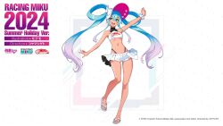 Rule 34 | :d, blue eyes, blue hair, body writing, bow, clenched hand, flip-flops, frilled shorts, frills, full body, goodsmile racing, gradient hair, hair rings, halterneck, hat, hat bow, hatsune miku, long hair, micro shorts, midriff, mogumo, multicolored hair, navel, official art, open mouth, outstretched arms, panty straps, purple hair, racing miku, racing miku (2024), racing miku (2024 summer holiday ver.), sandals, scrunchie, shorts, smile, sports bra, standing, standing on one leg, super gt, tan, teeth, twintails, two-tone hair, visor cap, white bow, white footwear, white hat, white sports bra, wrist scrunchie